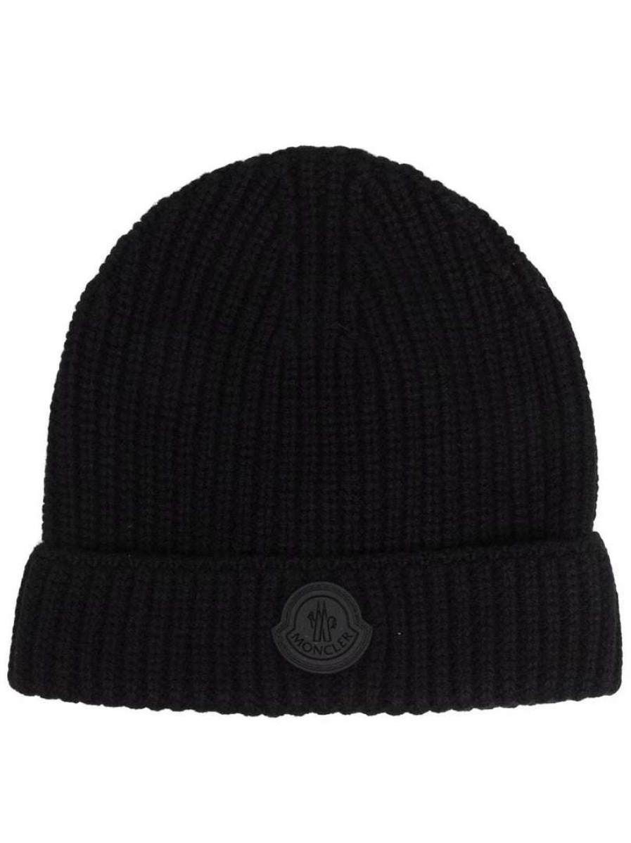 Accessories * | Moncler 'Black Logo Patch Beanie'