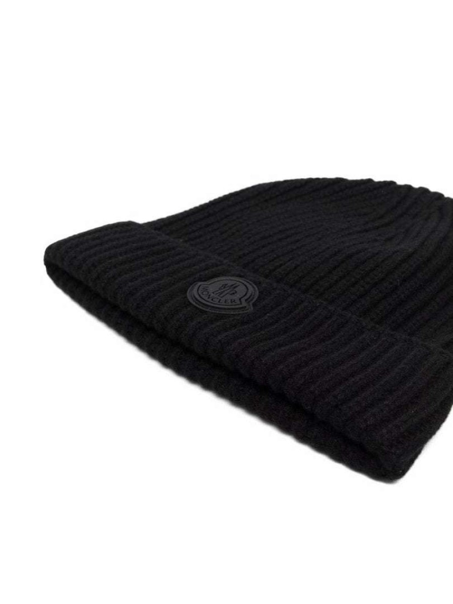 Accessories * | Moncler 'Black Logo Patch Beanie'