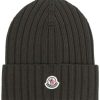 Accessories * | Moncler Khaki 'Ribbed Logo Beanie Hat'