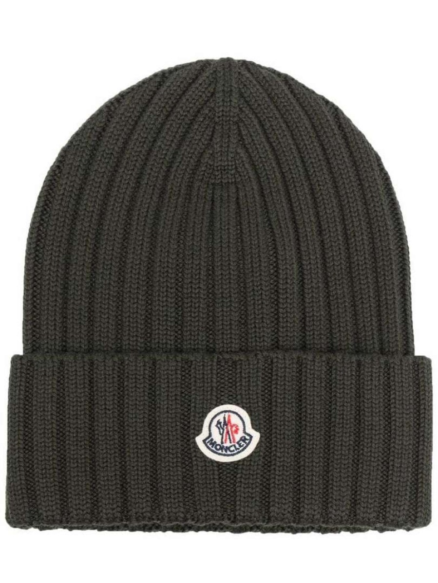 Accessories * | Moncler Khaki 'Ribbed Logo Beanie Hat'