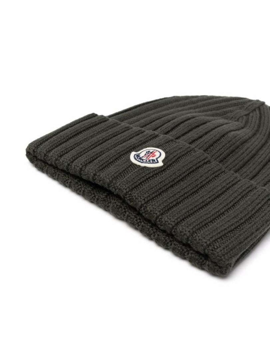 Accessories * | Moncler Khaki 'Ribbed Logo Beanie Hat'