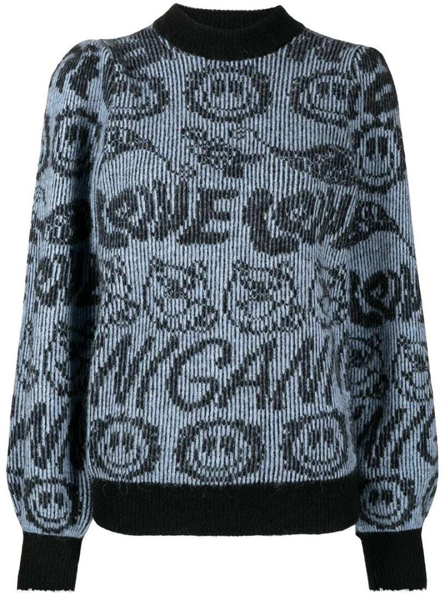 Clothing * | Ganni Blue 'Logo Smiley Balloon Sleeve Sweater'