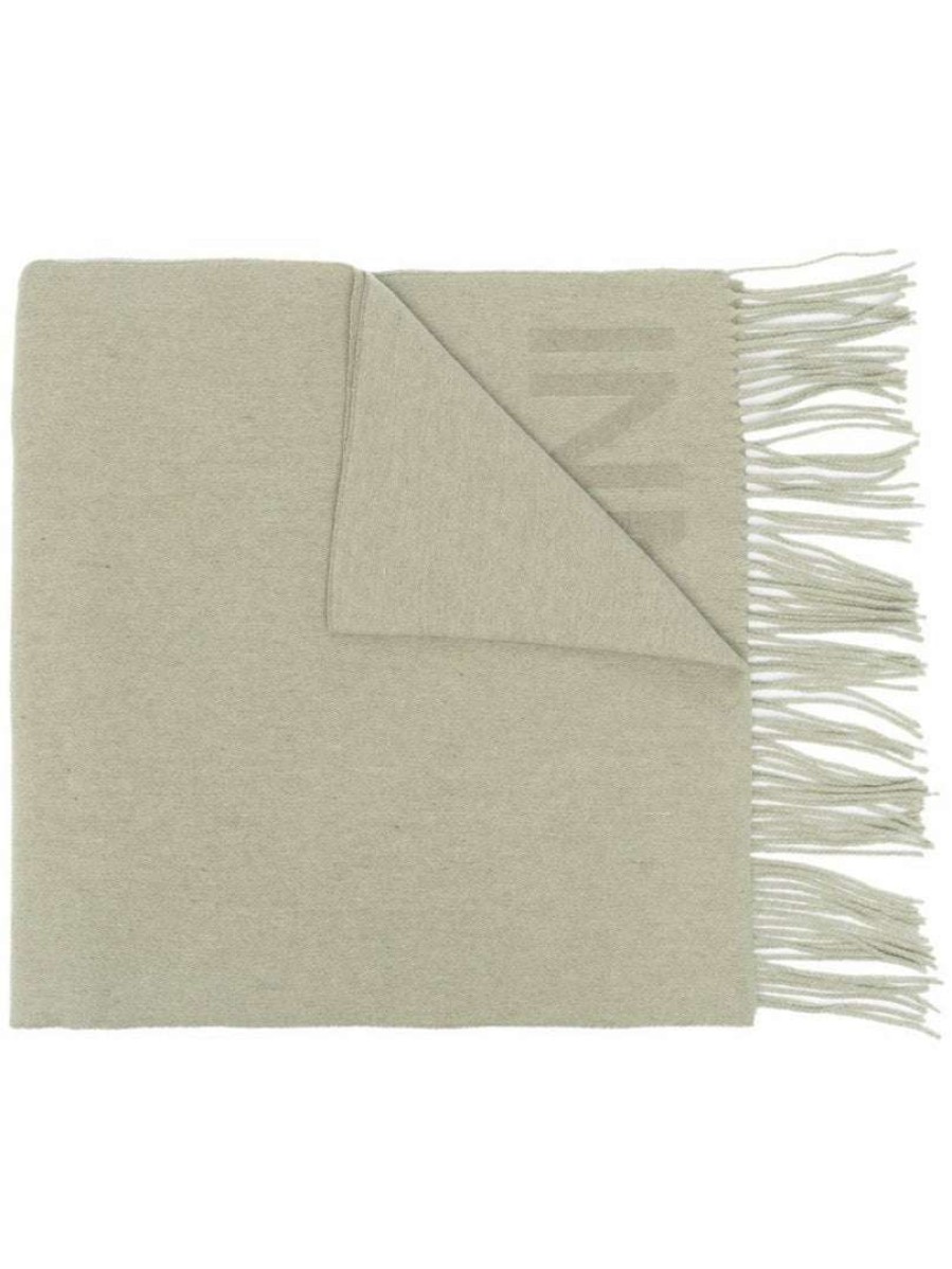 Accessories * | Ganni Khaki 'Wool Logo Fringed Scarf'