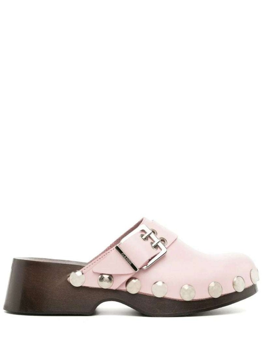 Shoes * | Ganni Light Pink 'Studded Buckle Clogs'