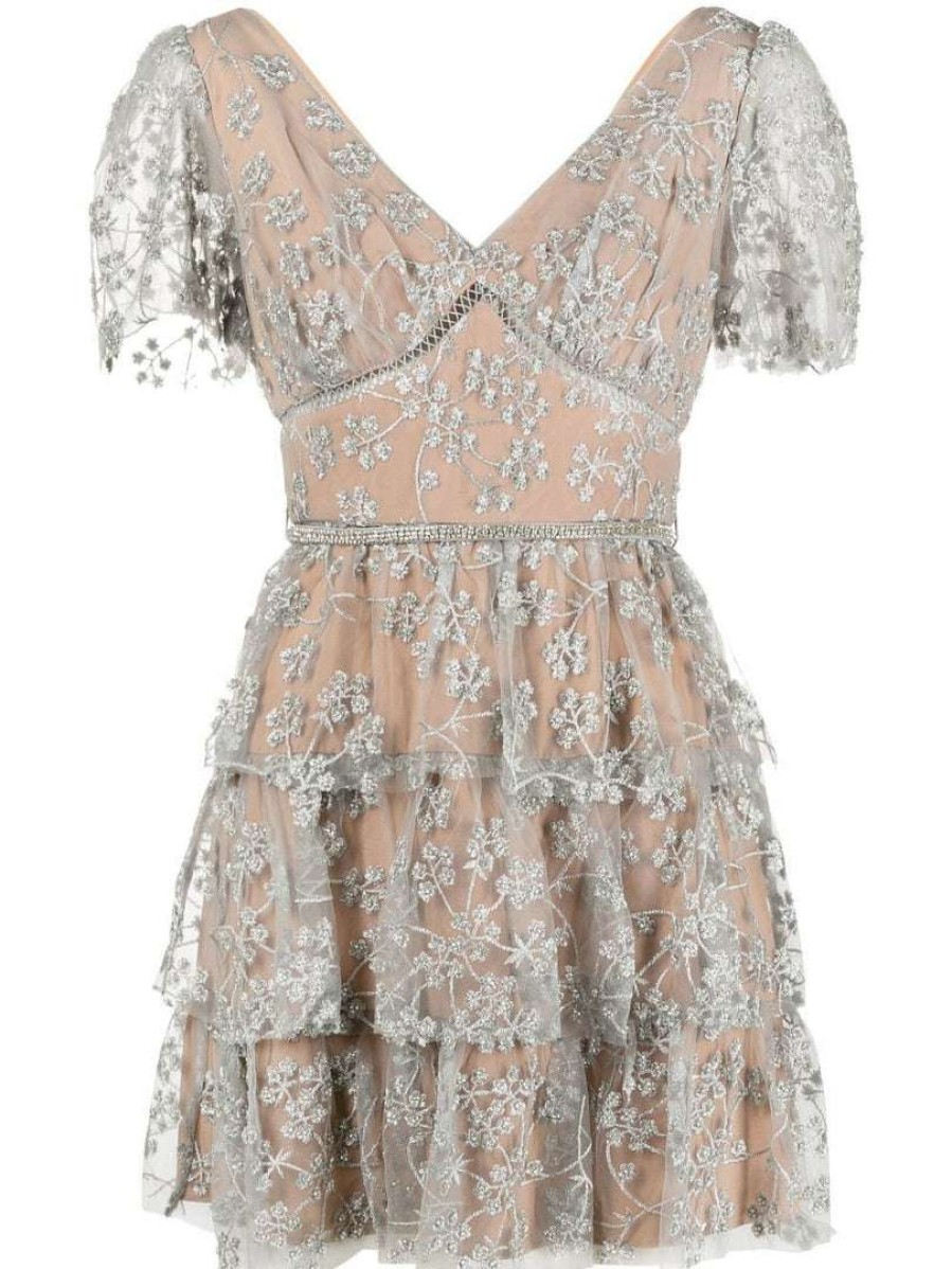 Clothing * | Self Portrait 'Embroidered Blossom Tiered Mini Dress' Clothing