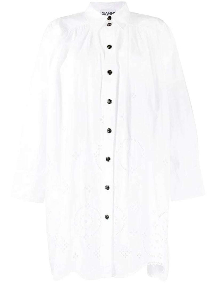 Clothing * | Ganni White 'Broderie Anglaise Mini Shirt Dress'