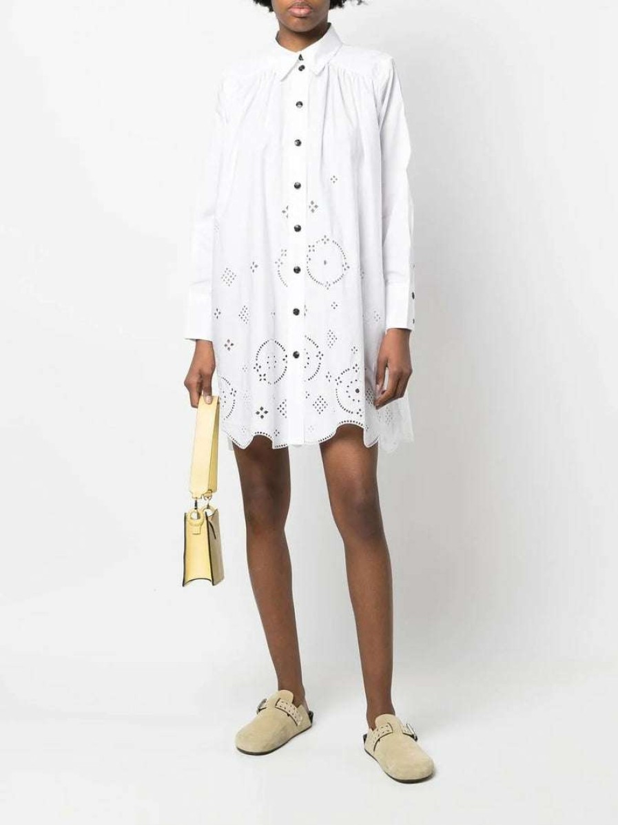 Clothing * | Ganni White 'Broderie Anglaise Mini Shirt Dress'