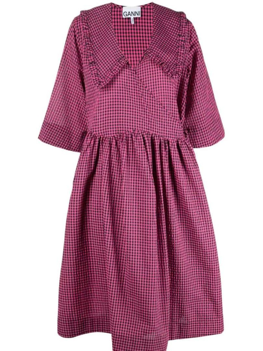 Clothing * | Ganni 'Ruffled Collar Gingham Wrap Midi Dress'