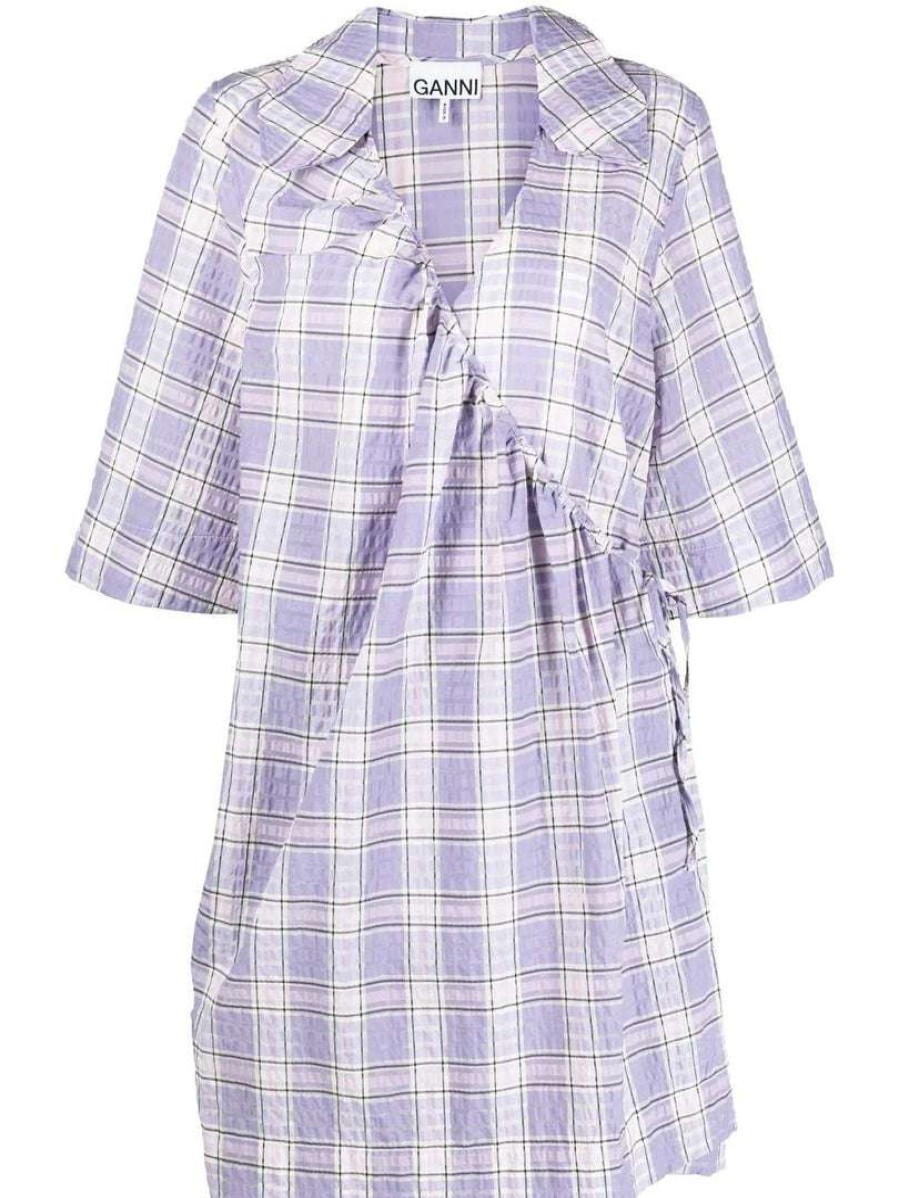 Clothing * | Ganni 'Checked Wrap Tie Mini Dress' New In