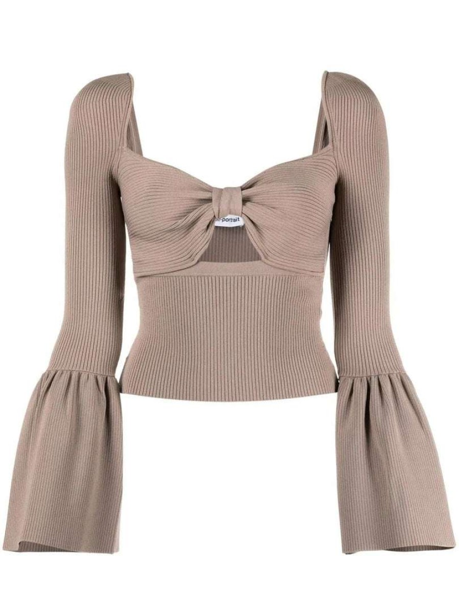 Clothing * | Self Portrait 'Ribbed Knit Bow Bust Top' New In