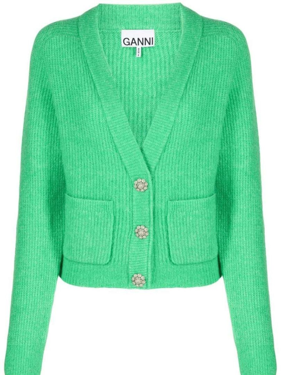 Clothing * | Ganni Green 'Gem Embellished Button Cardigan' New In