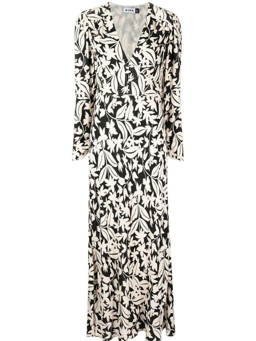 Clothing * | Rixo London Black 'Selma' Floral Palm Print Midi Dress