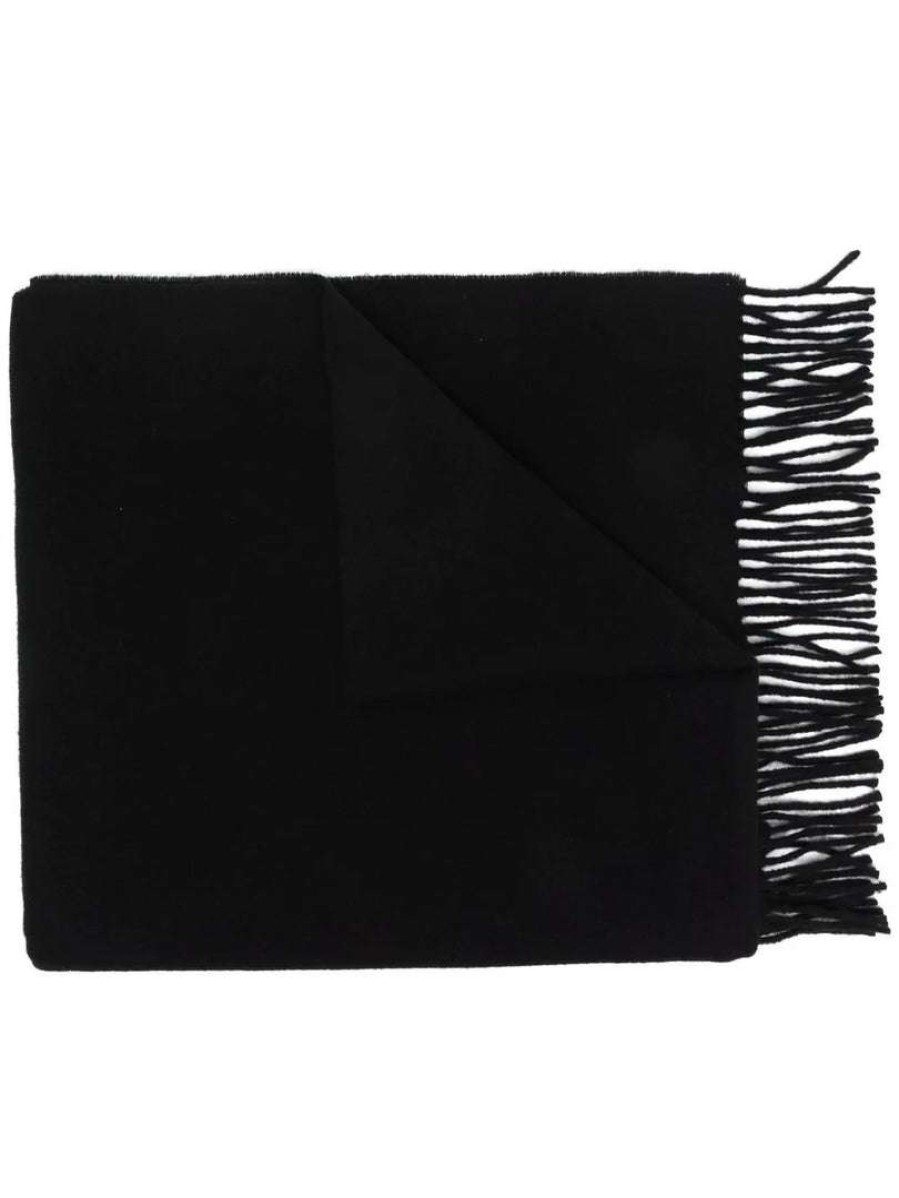 Accessories * | Moncler Black 'Fringed Logo Patch Scarf'