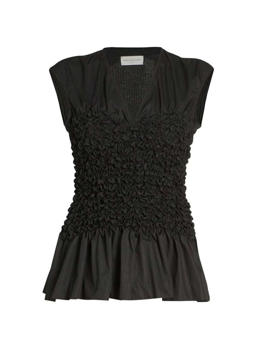 Clothing * | Dries Van Noten Black 'Cordoba' Smocked Peplum Top