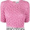 Clothing * | Ganni Pink 'Smocked Satin Beaded Fringe Top'