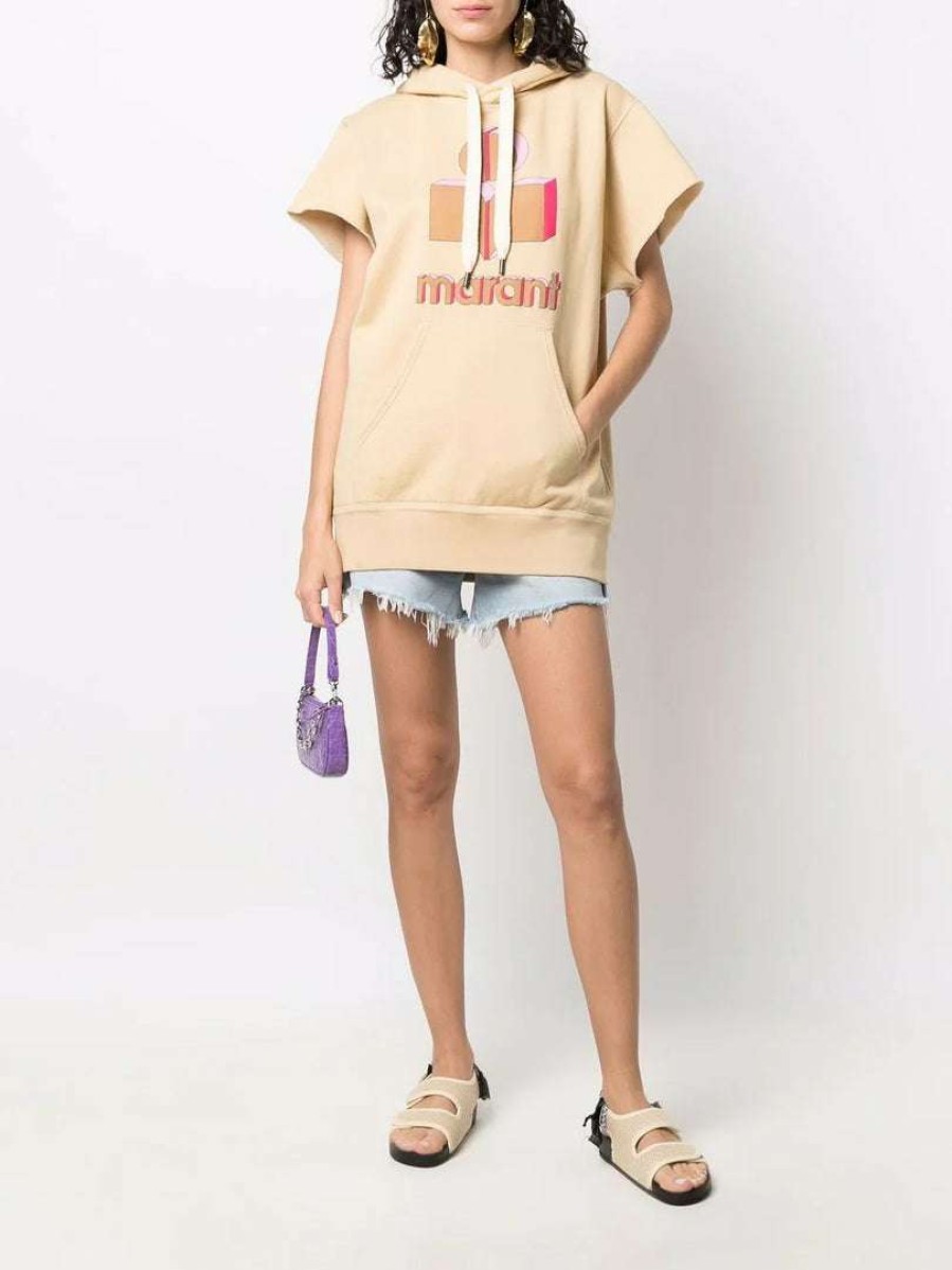 Clothing * | Isabel Marant Etoile Honey Toned Oversized 'Milesy' Short Sleeve Logo Hoodie Clothing