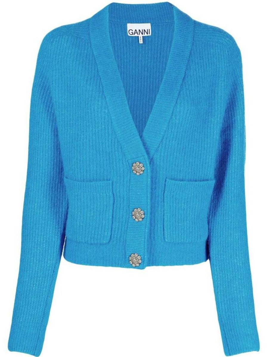 Clothing * | Ganni Blue 'Gem Embellished Button Cardigan'