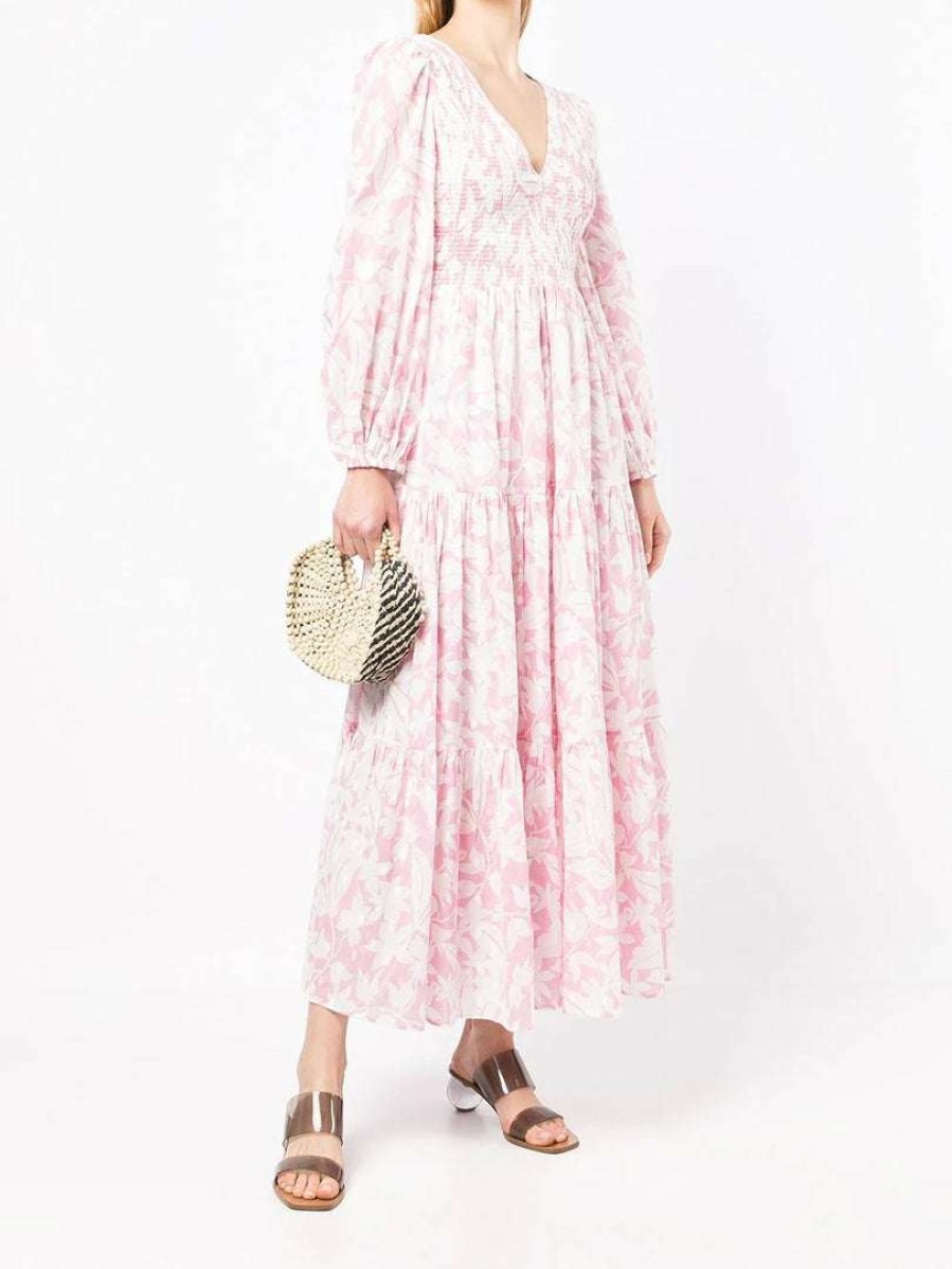 Clothing * | Rixo London 'Brooke' Shirred Floral Palm Maxi Dress