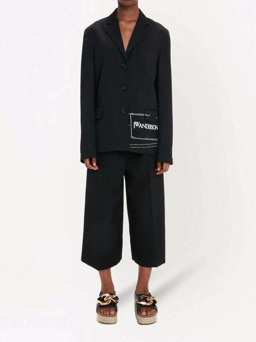 Clothing * | Jw Anderson Clothing Black 'Pleat Front Wide Leg Cropped Trousers'