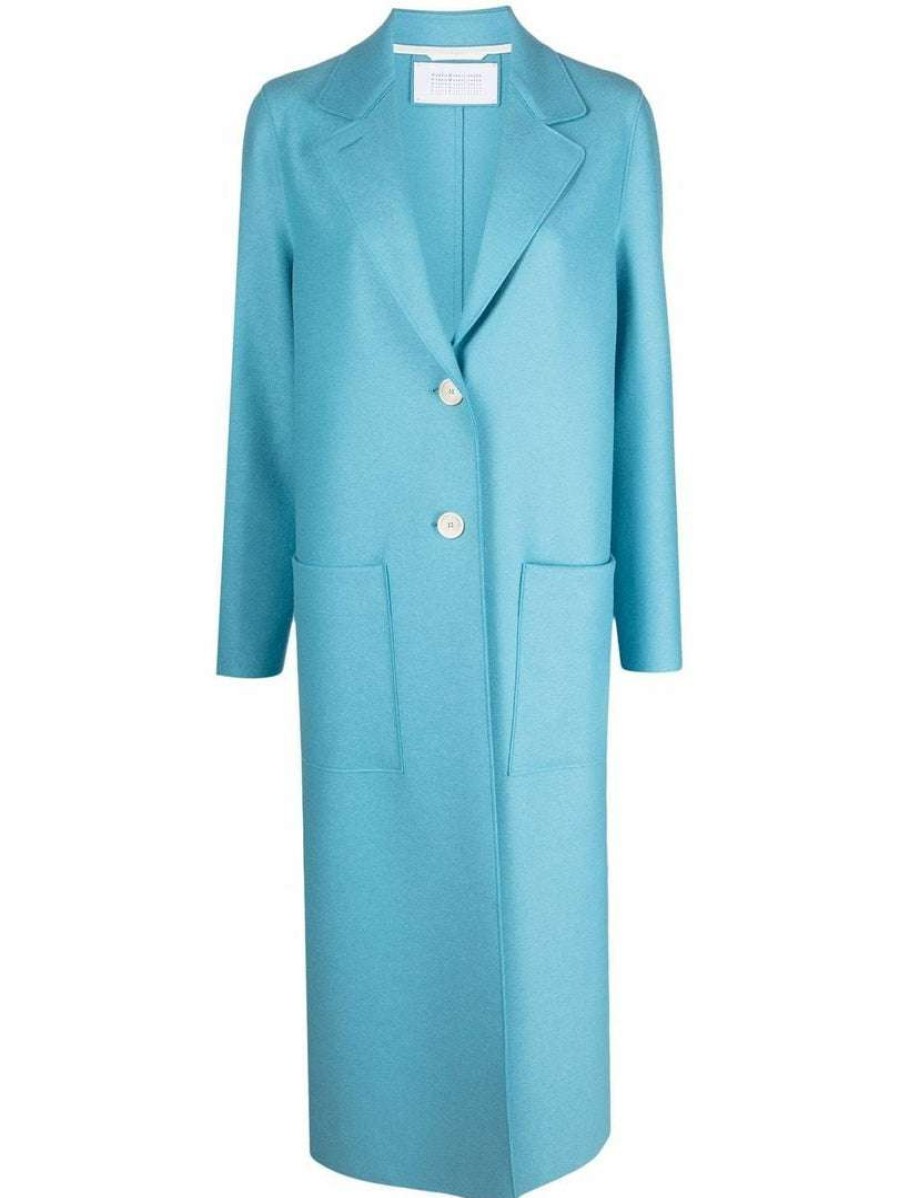 Clothing * | Harris Wharf London Clothing Blue 'Single Breasted Side Slit Long Midi Coat'