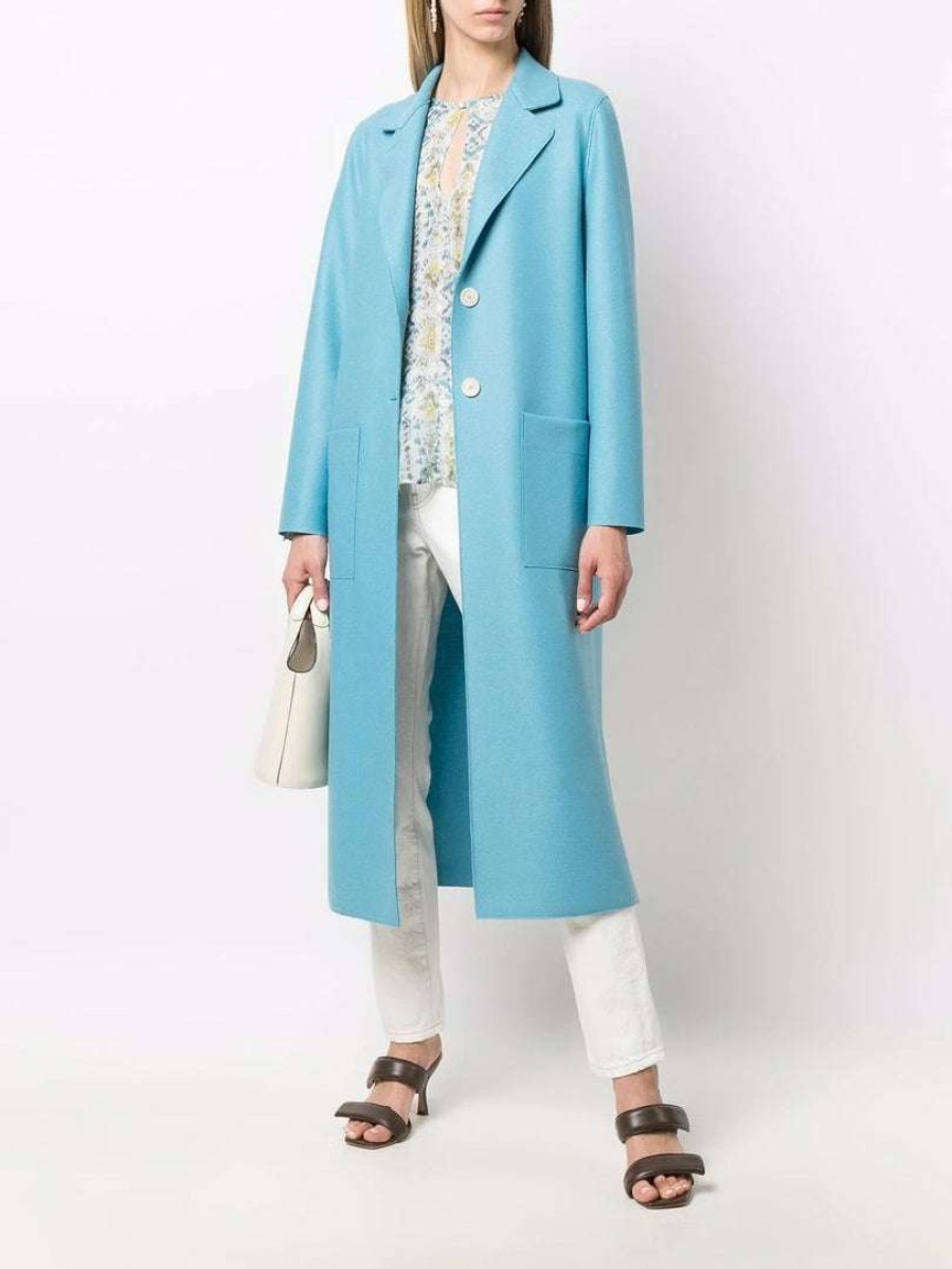 Clothing * | Harris Wharf London Clothing Blue 'Single Breasted Side Slit Long Midi Coat'