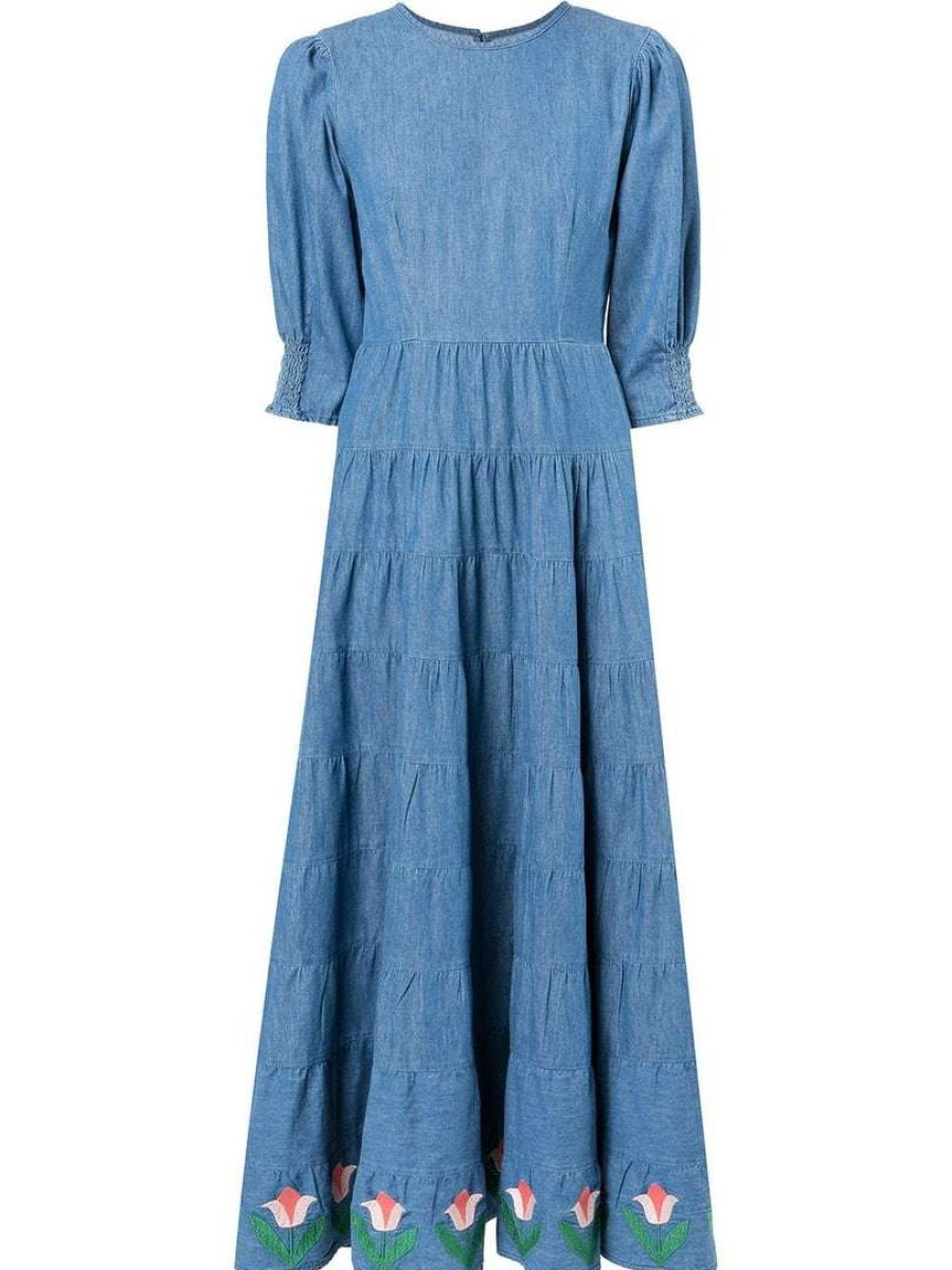 Clothing * | Rixo London 'Kristen' Tulip Embroidered Denim Midaxi Dress