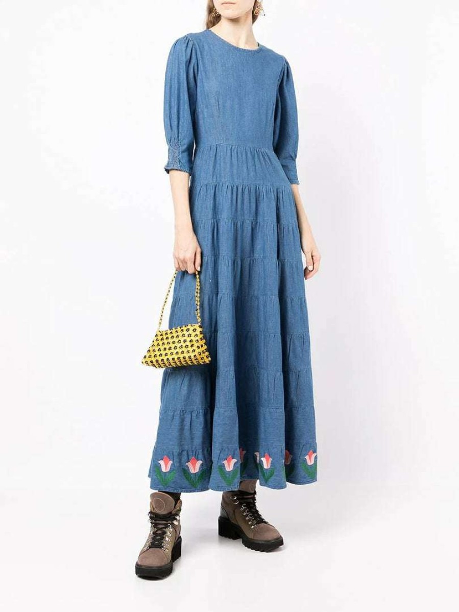 Clothing * | Rixo London 'Kristen' Tulip Embroidered Denim Midaxi Dress