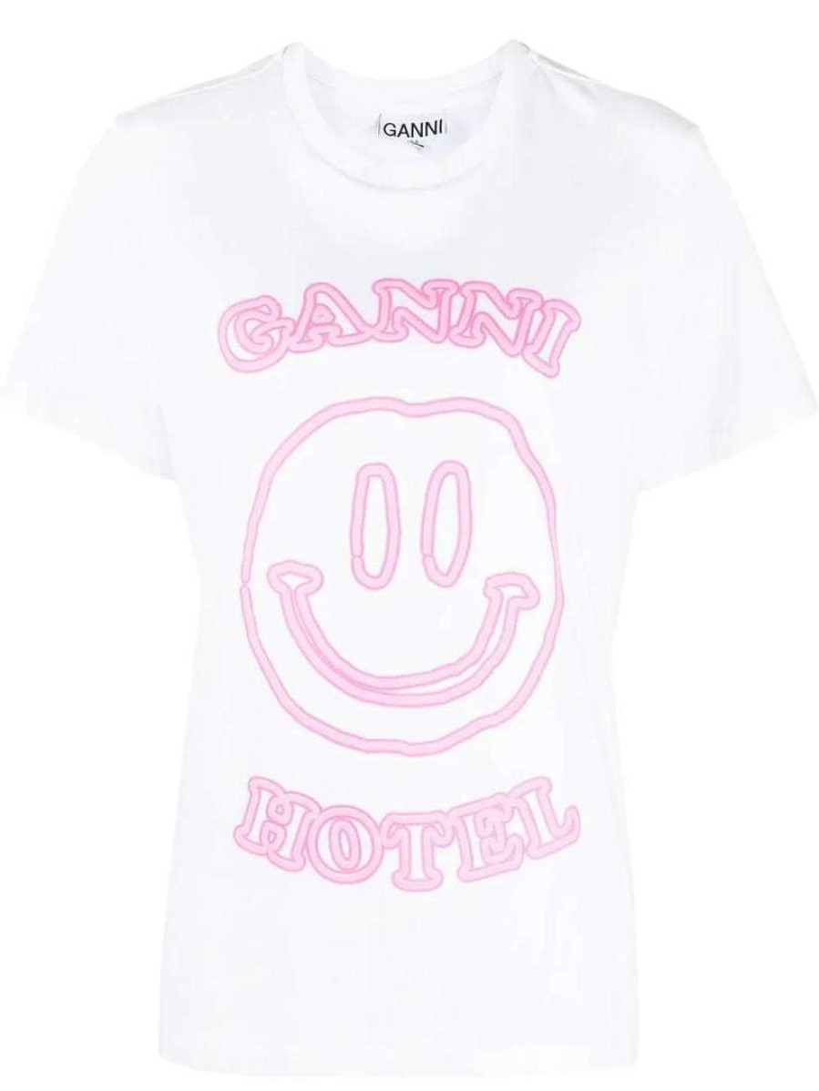 Clothing * | Ganni New In White 'Smiley Hotel T-Shirt'