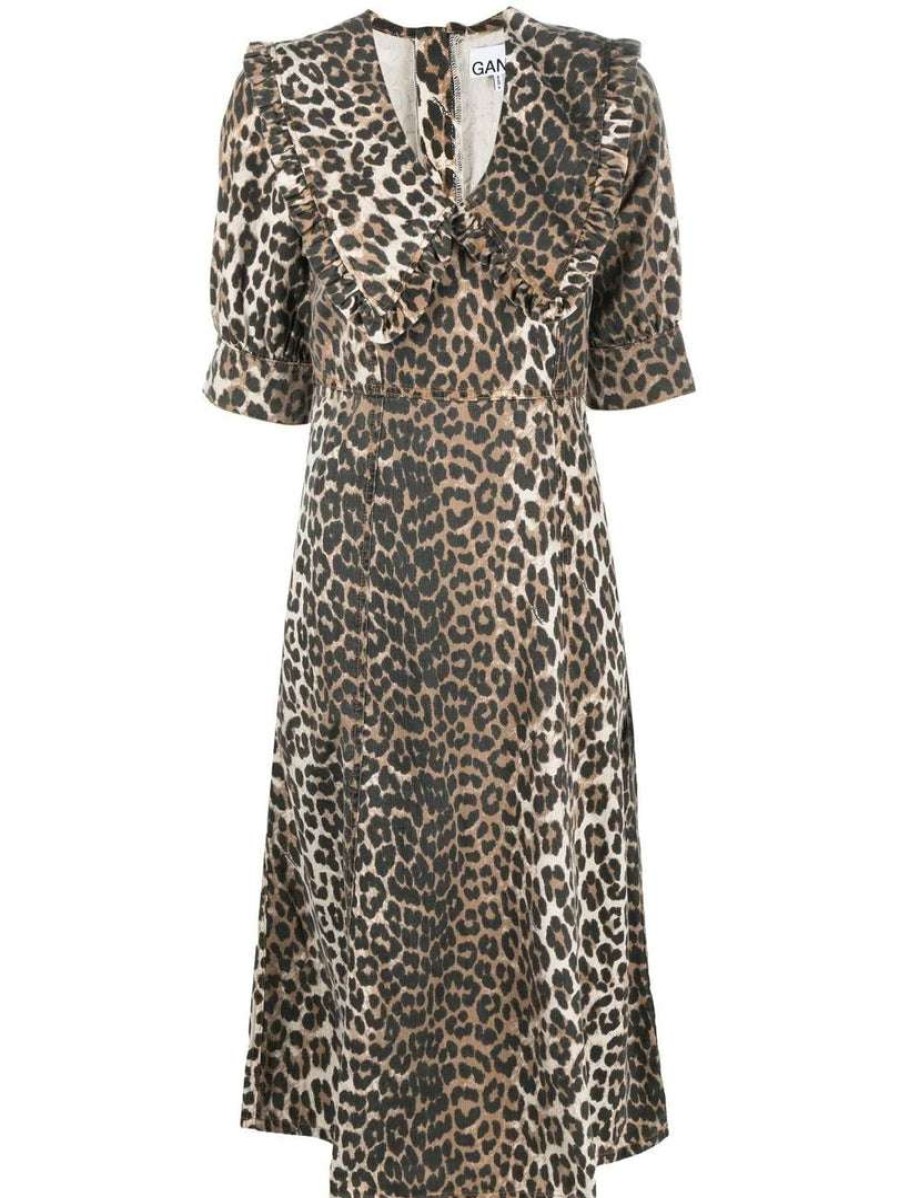 Clothing * | Ganni 'Denim Leopard Midi Dress'