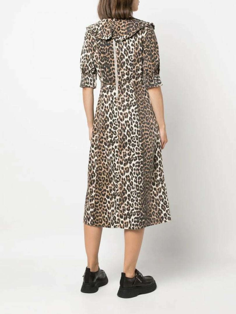 Clothing * | Ganni 'Denim Leopard Midi Dress'