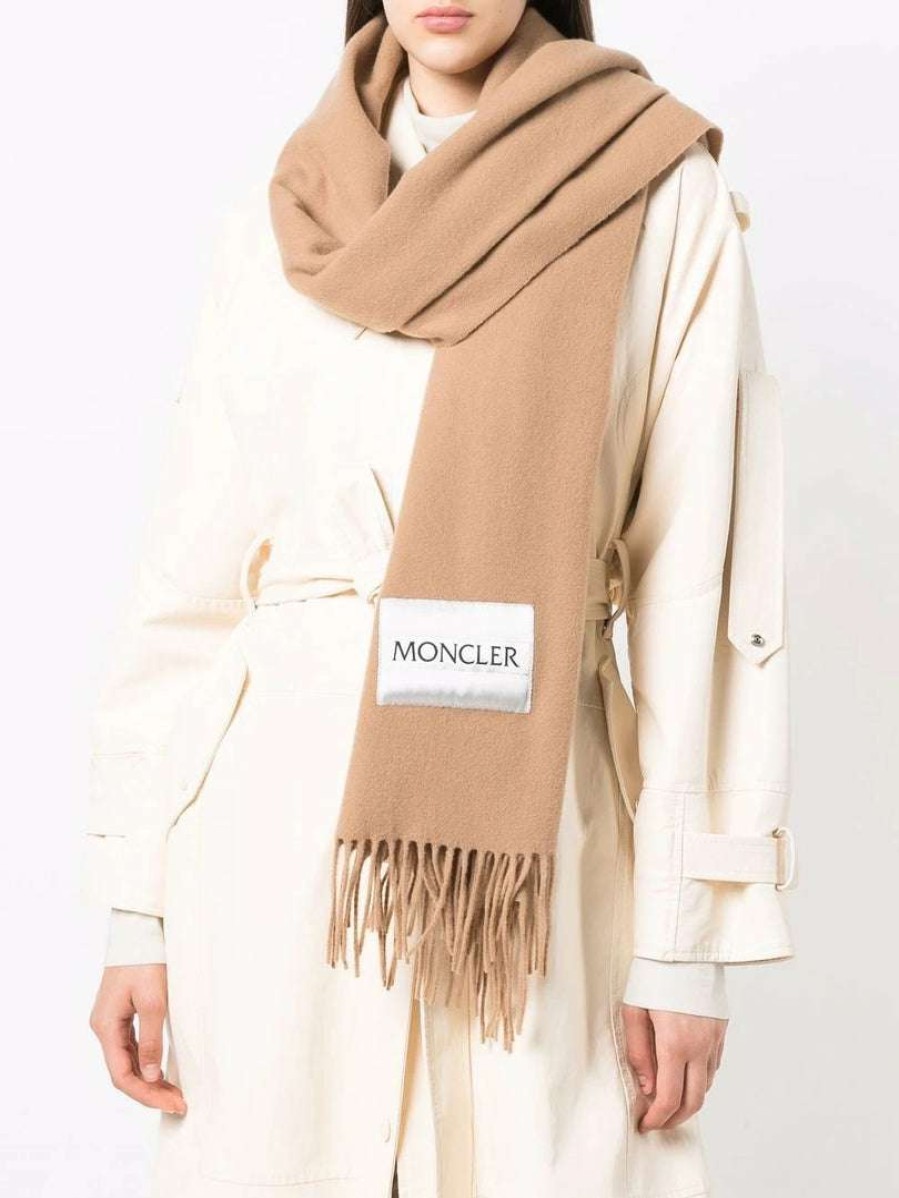 Accessories * | Moncler Camel 'Fringed Logo Patch Scarf'