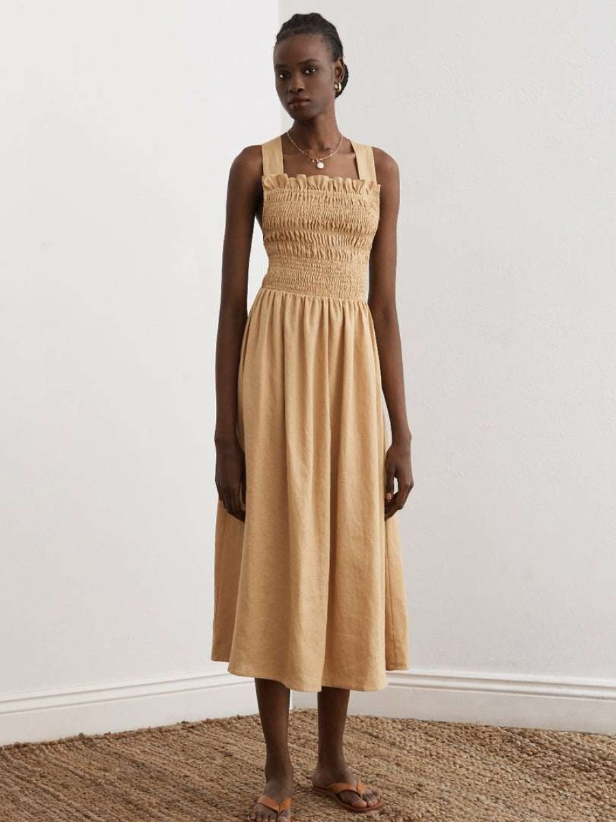 Clothing * | Sancia Beige 'Mirella' Back Tie Midi Dress Clothing