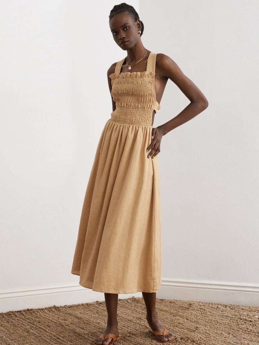 Clothing * | Sancia Beige 'Mirella' Back Tie Midi Dress Clothing