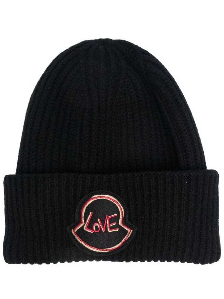 Accessories * | Moncler Black 'Love Patch Beanie'