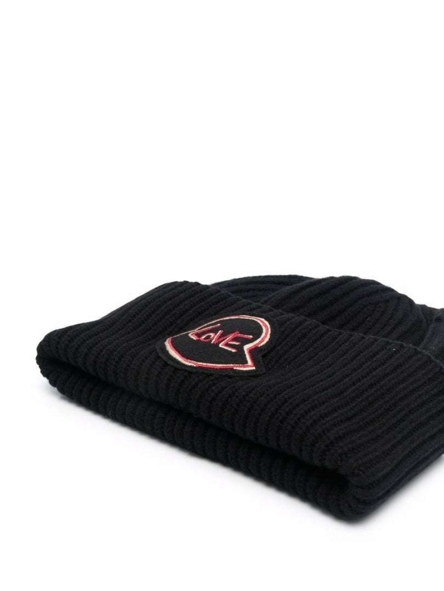 Accessories * | Moncler Black 'Love Patch Beanie'