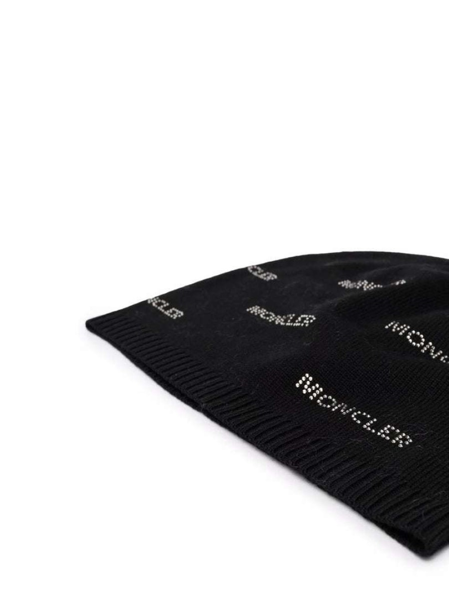 Accessories * | Moncler Black 'Monogram Print Beanie'