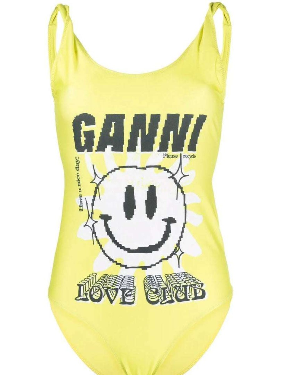 Clothing * | Ganni 'Yellow Smiley Face Graphic Swimsuit'