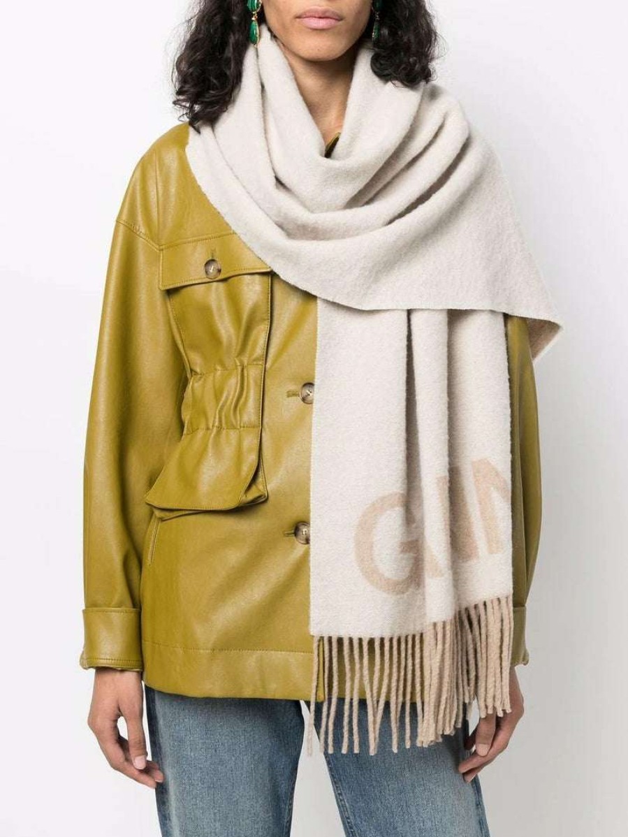 Accessories * | Ganni Beige 'Wool Logo Fringed Scarf'