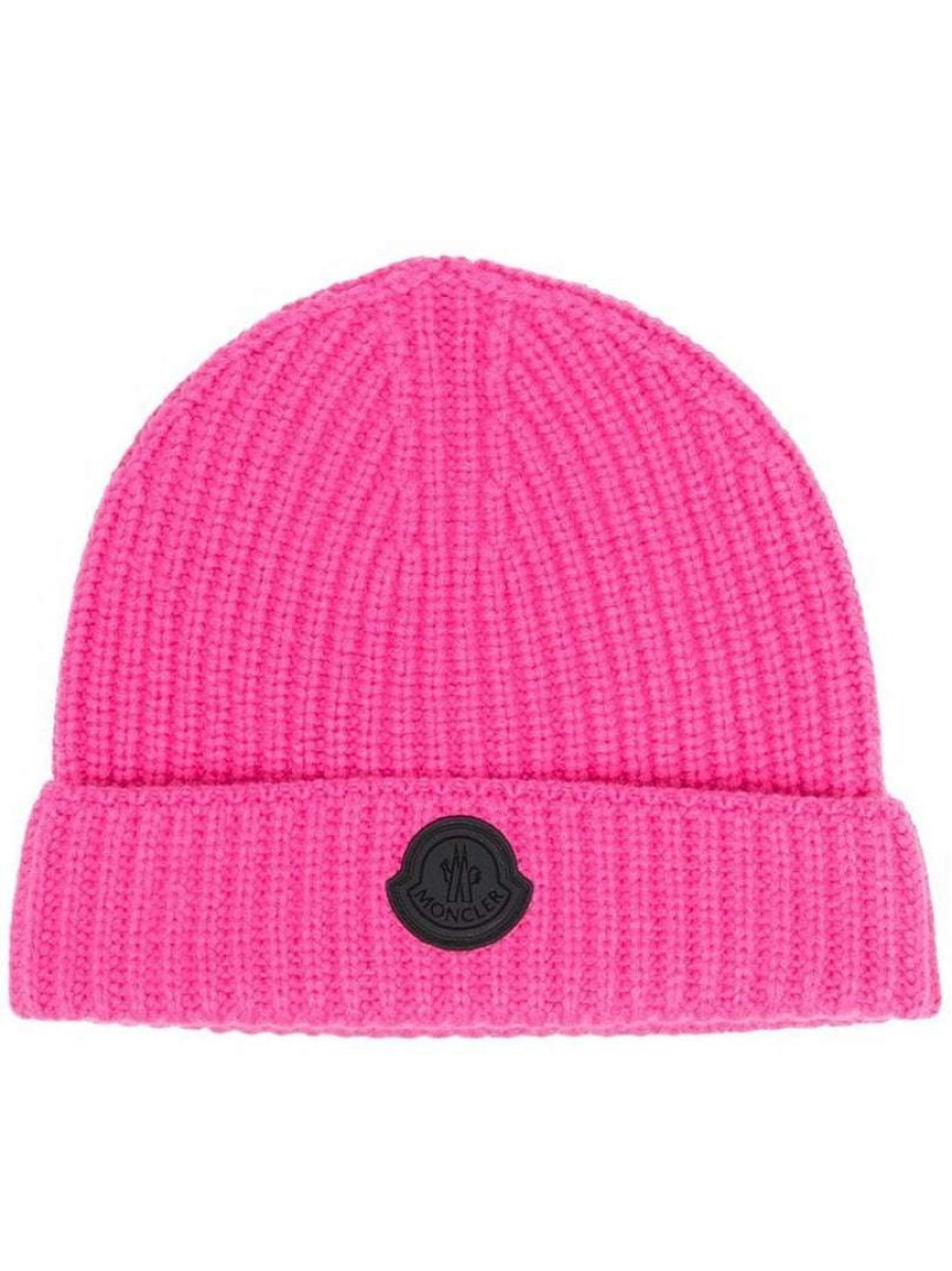 Accessories * | Moncler Pink 'Black Logo Patch Beanie'