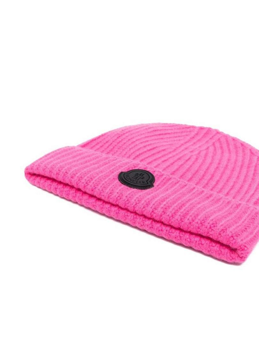 Accessories * | Moncler Pink 'Black Logo Patch Beanie'