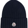 Accessories * | Moncler Navy 'Ribbed Logo Beanie Hat'