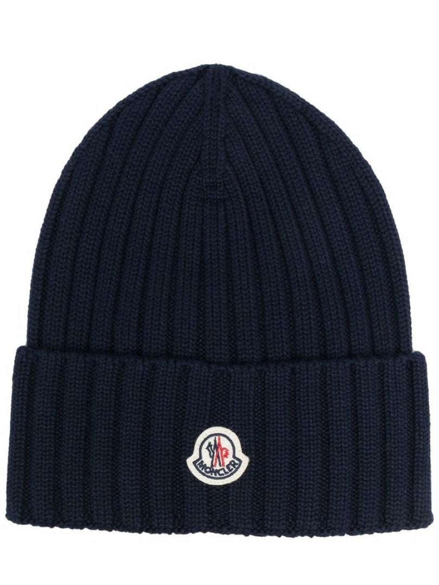 Accessories * | Moncler Navy 'Ribbed Logo Beanie Hat'