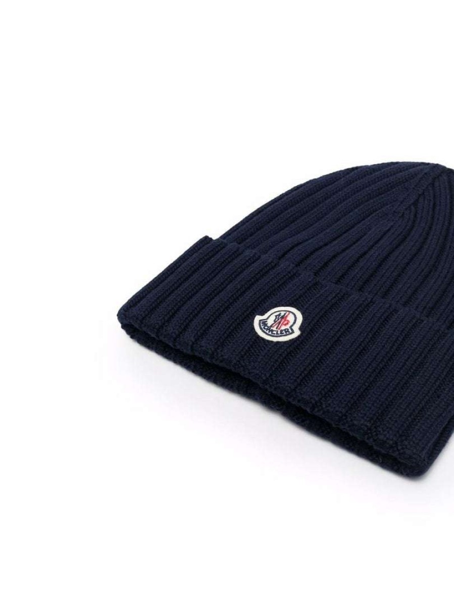 Accessories * | Moncler Navy 'Ribbed Logo Beanie Hat'