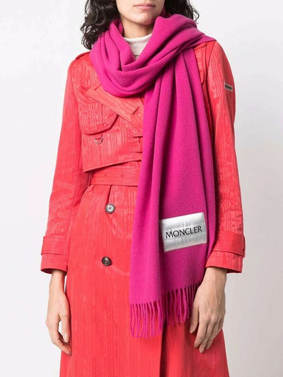 Accessories * | Moncler Hot Pink 'Fringed Horizontal Logo Patch Scarf'