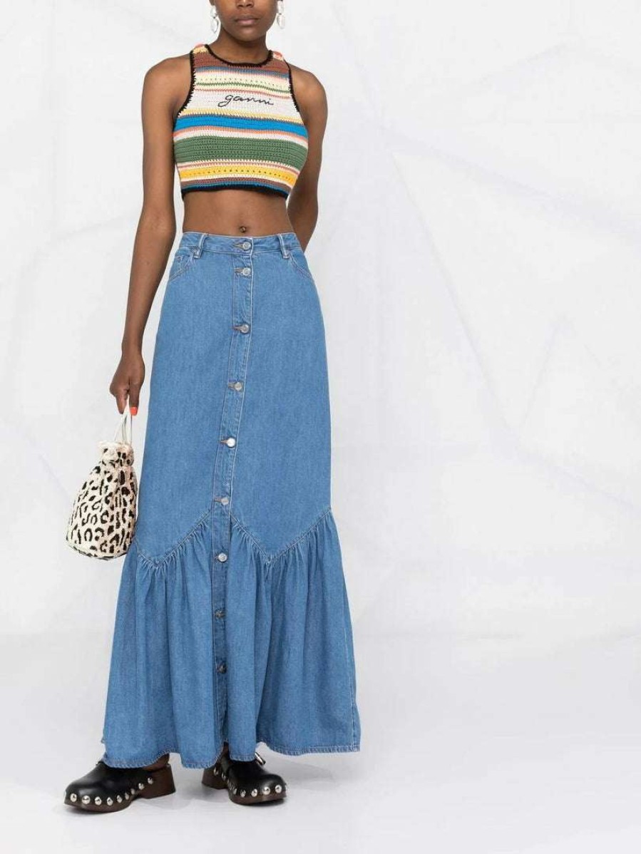 Clothing * | Ganni 'Denim Ruffled Hem Maxi Skirt'