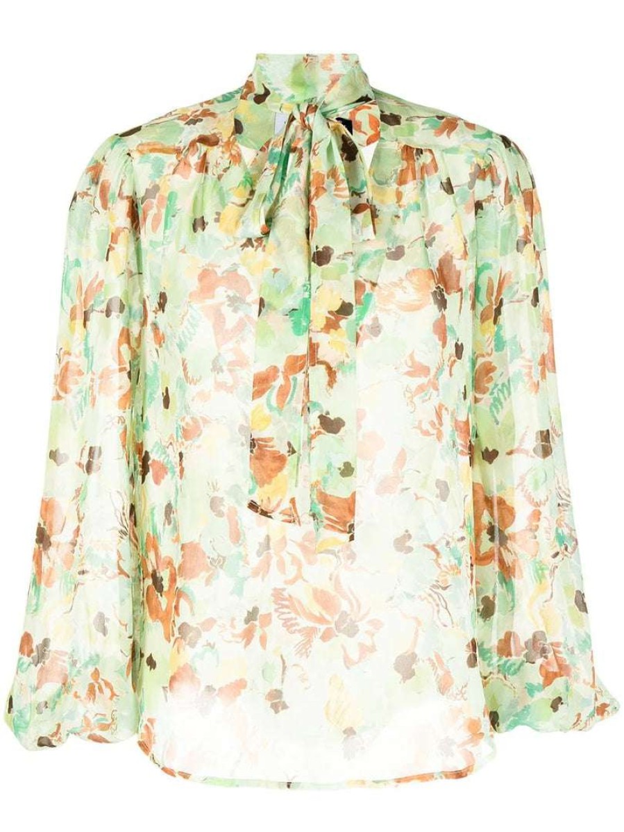 Clothing * | Rixo London 'Moss' Sheer Pussy Bow Floral Blouse