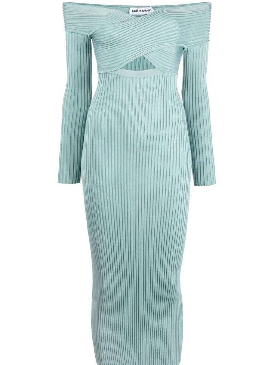 Clothing * | Self Portrait 'Ribbed Knit Crossover Bust Midi Dress'