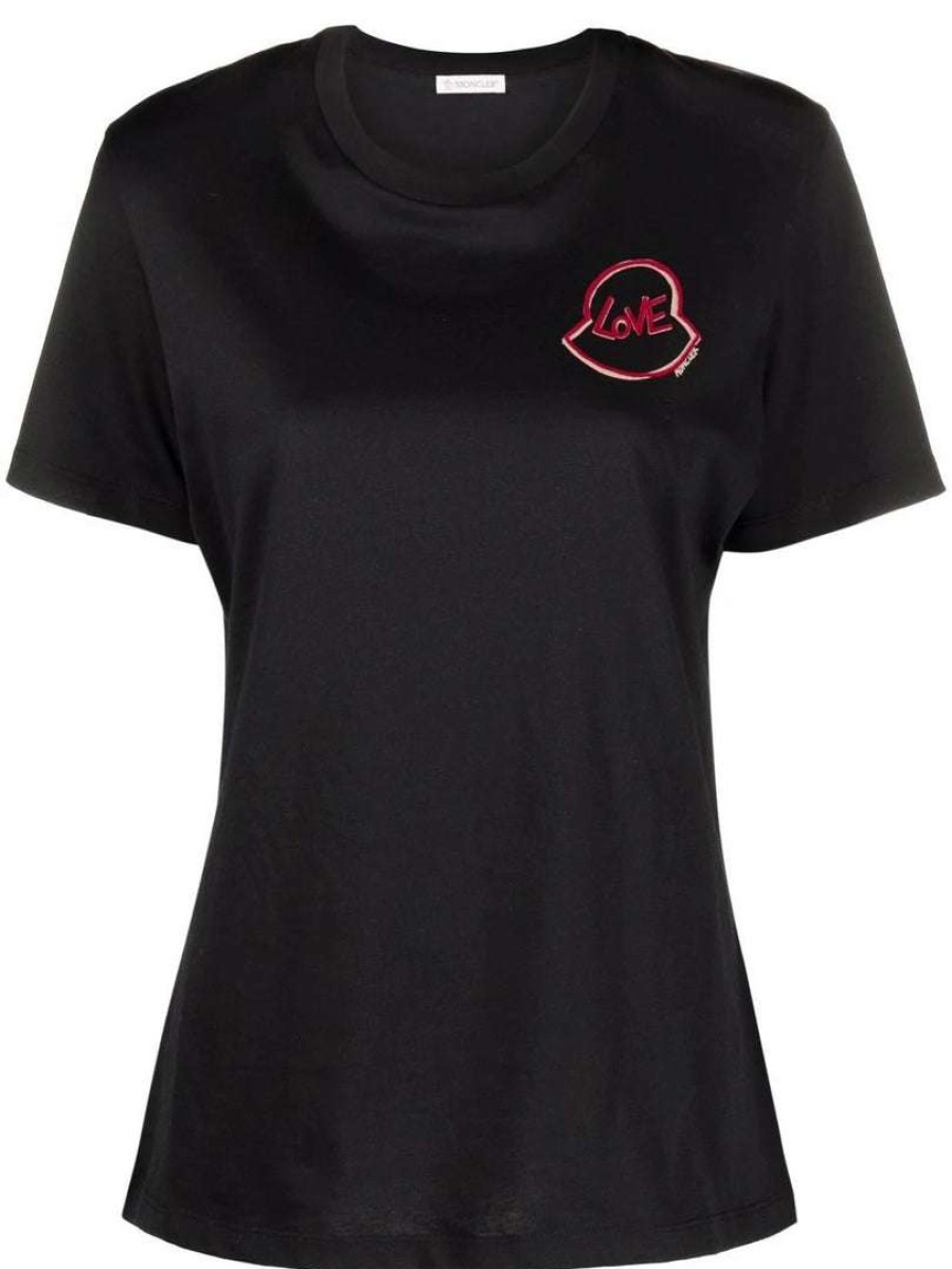 Clothing * | Moncler Black 'Love Logo Patch T-Shirt'