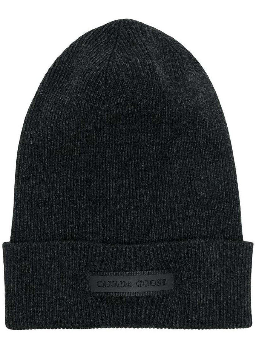 Accessories * | Canada Goose Black 'Thin Ribbed Logo Detail Beanie' Accessories