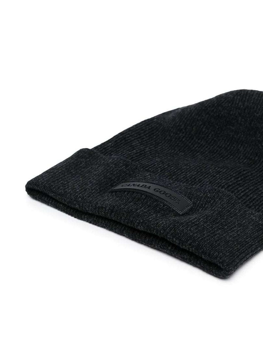 Accessories * | Canada Goose Black 'Thin Ribbed Logo Detail Beanie' Accessories